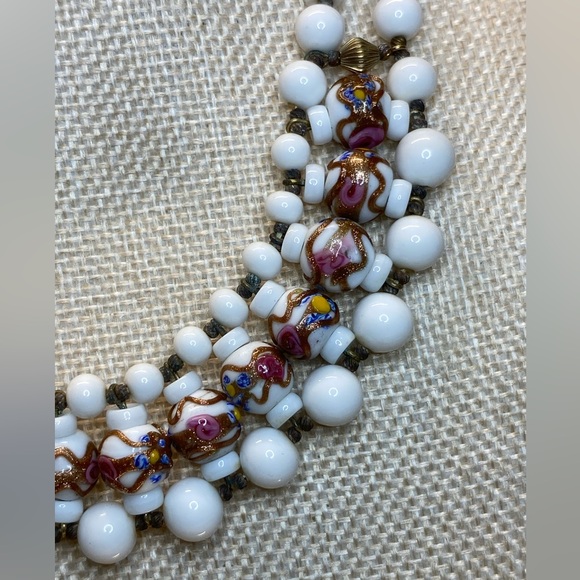 Vintage Rare Antique Venetian Wedding Cake & Milk Glass Beaded Bib Necklace 16” - Picture 7 of 17